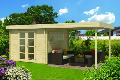 Blokhut - Tuinhuis 28mm Dellinger met overkapping-